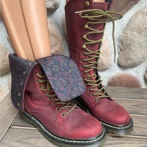 DR. MARTENS Red ALEINA LEATHER tall LACEUP Foldover COMBAT Boots 7